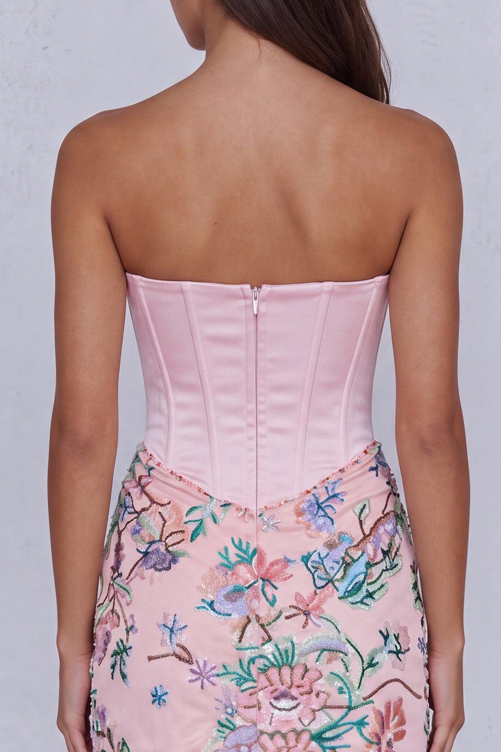 Dressystars Light Pink Floral Corset Ruched Strapless Tight Short Homecoming Dress