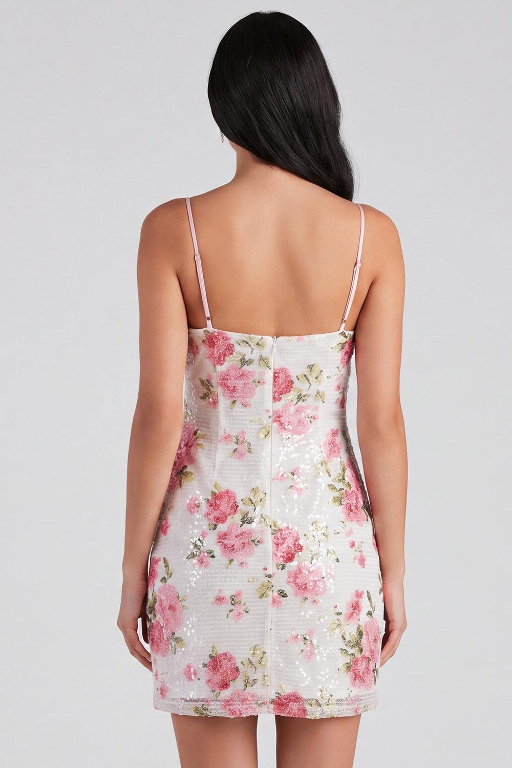 Dressystars Light Pink Sequin Floral Tight Short Homecoming Dress with Bow
