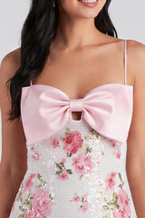 Dressystars Light Pink Sequin Floral Tight Short Homecoming Dress with Bow
