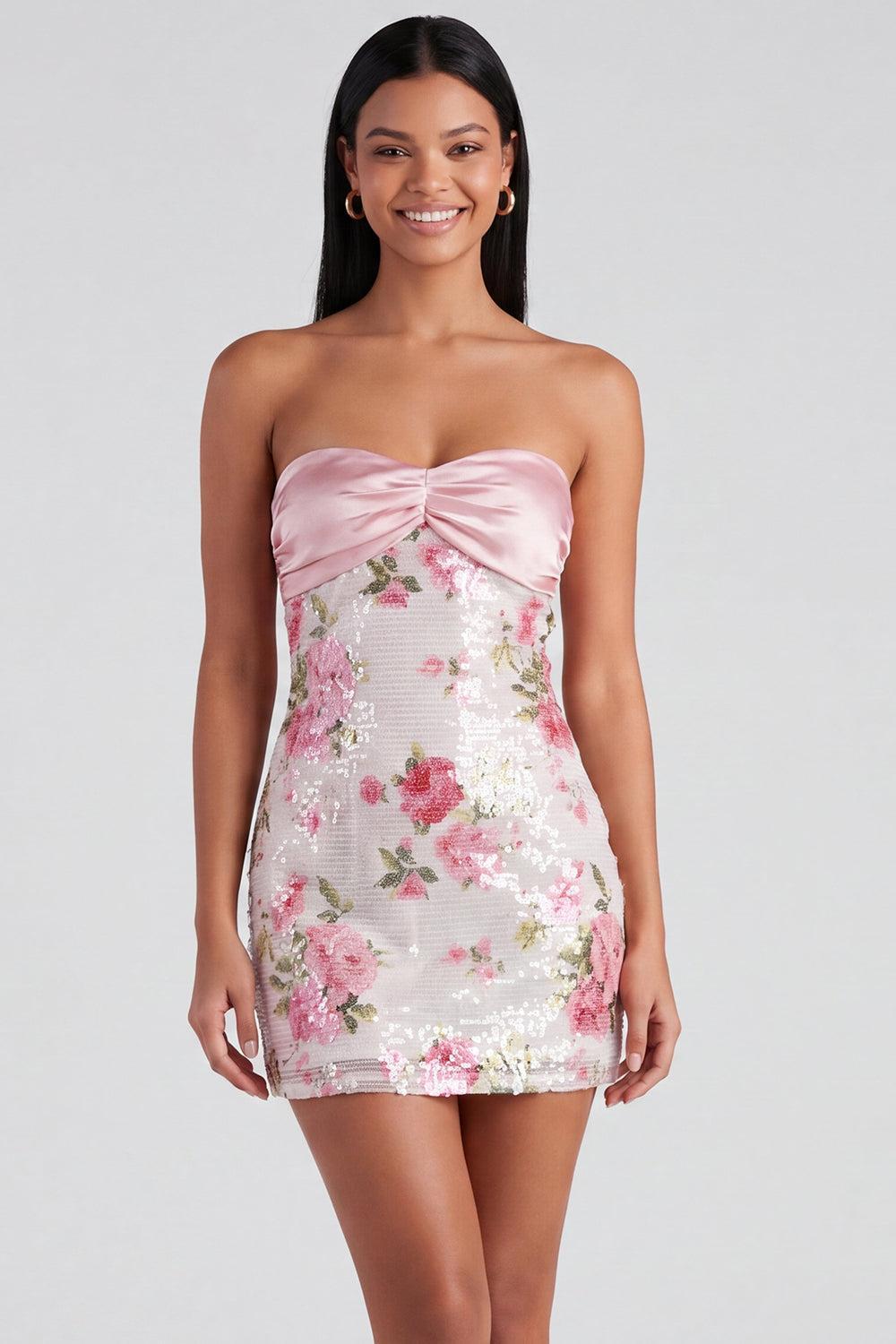 Dressystars Light Pink Strapless Sequin Floral Tight Short Homecoming Dress