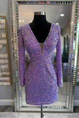 Dressystars Light Purple Homecoming Dress Sequin Tight Short Prom Dress With Long Sleeves