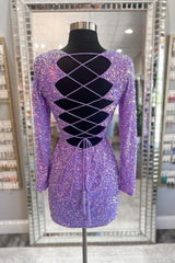 Dressystars Light Purple Homecoming Dress Sequin Tight Short Prom Dress With Long Sleeves