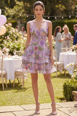 Dressystars Lilac Floral V-Neck A-Line Corset Short Homecoming Dress with Ruffles