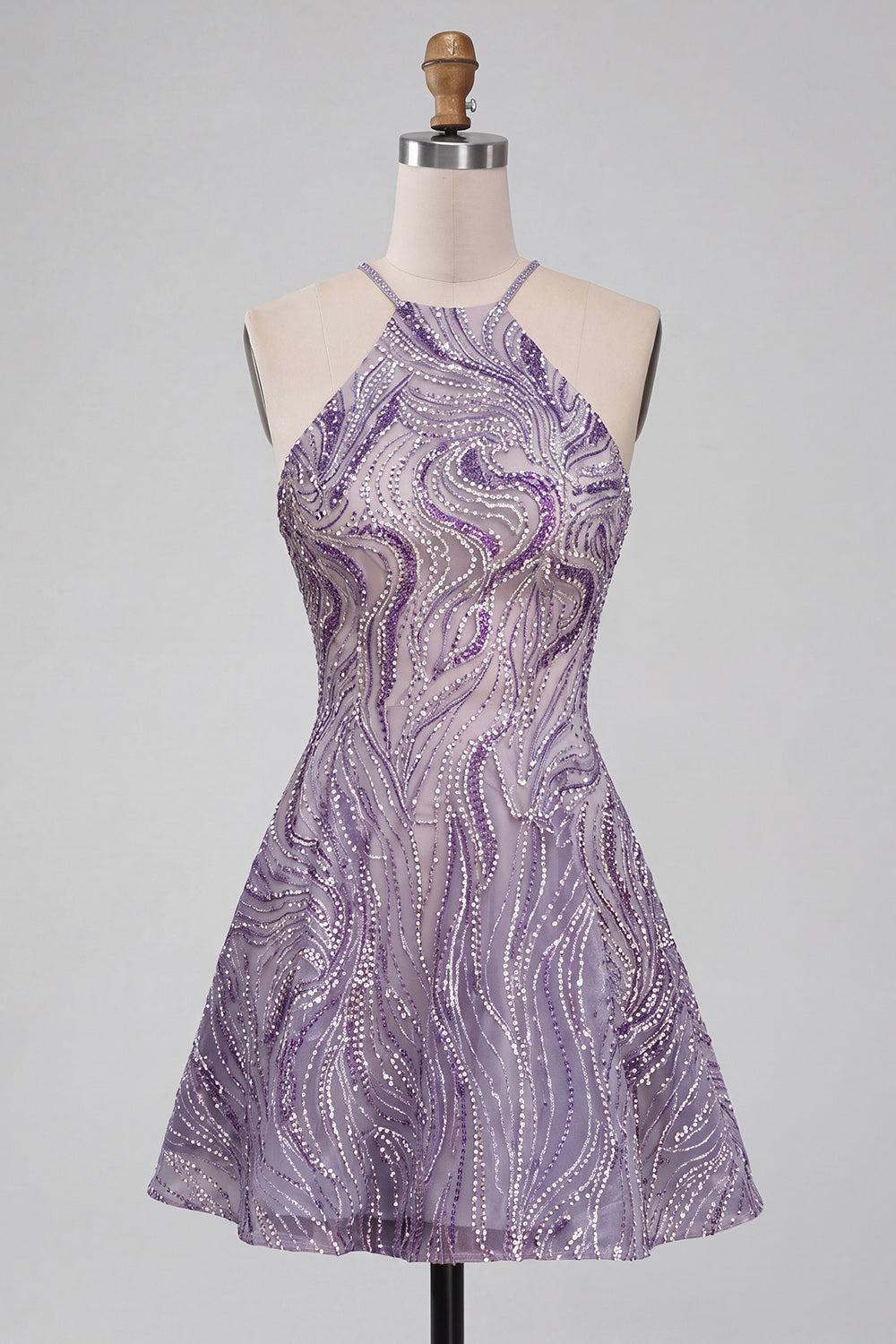 Dressystars Lilac Halter Beaded A-Line Short Homecoming Dress