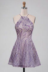 Dressystars Lilac Halter Beaded A-Line Short Homecoming Dress