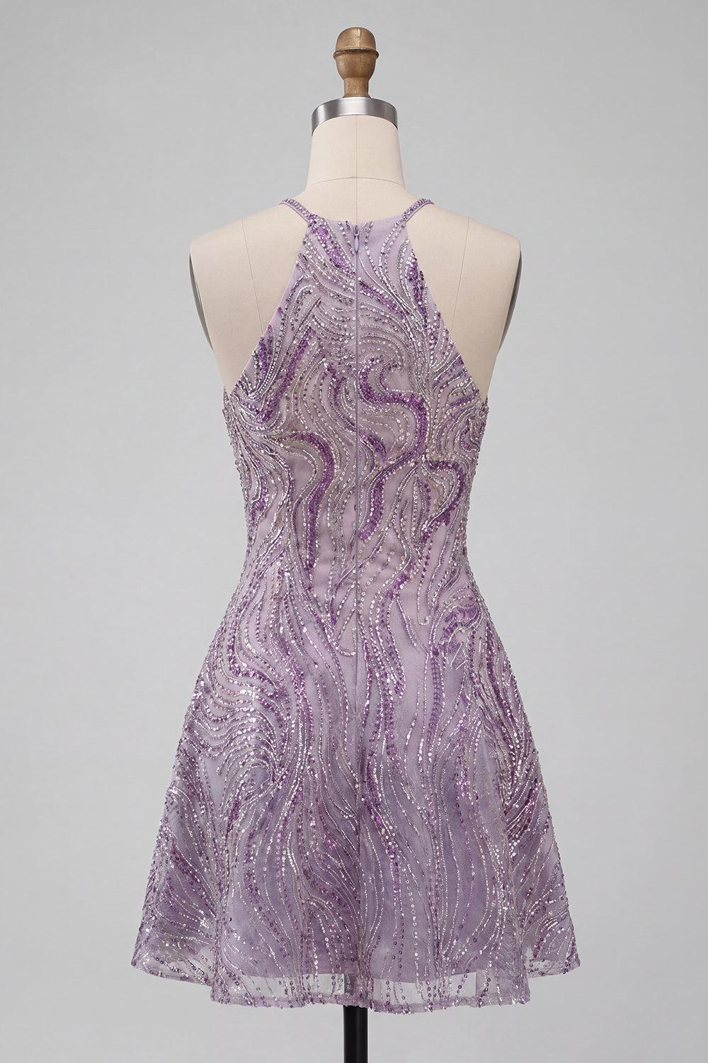 Dressystars Lilac Halter Beaded A-Line Short Homecoming Dress