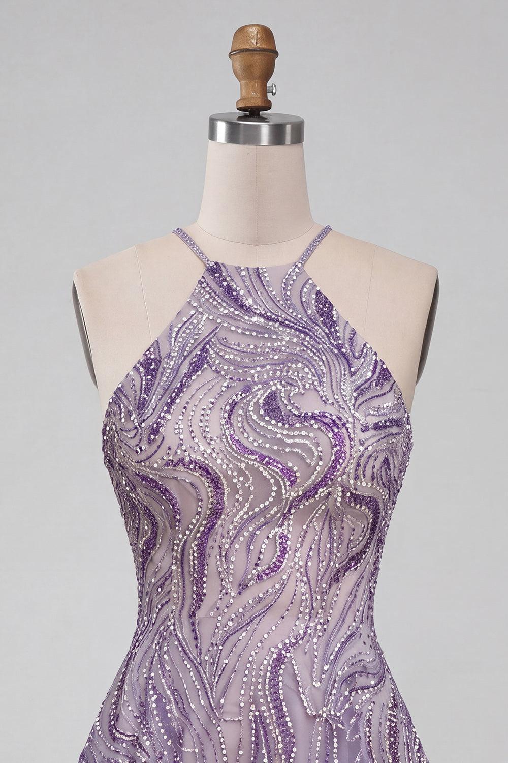 Dressystars Lilac Halter Beaded A-Line Short Homecoming Dress
