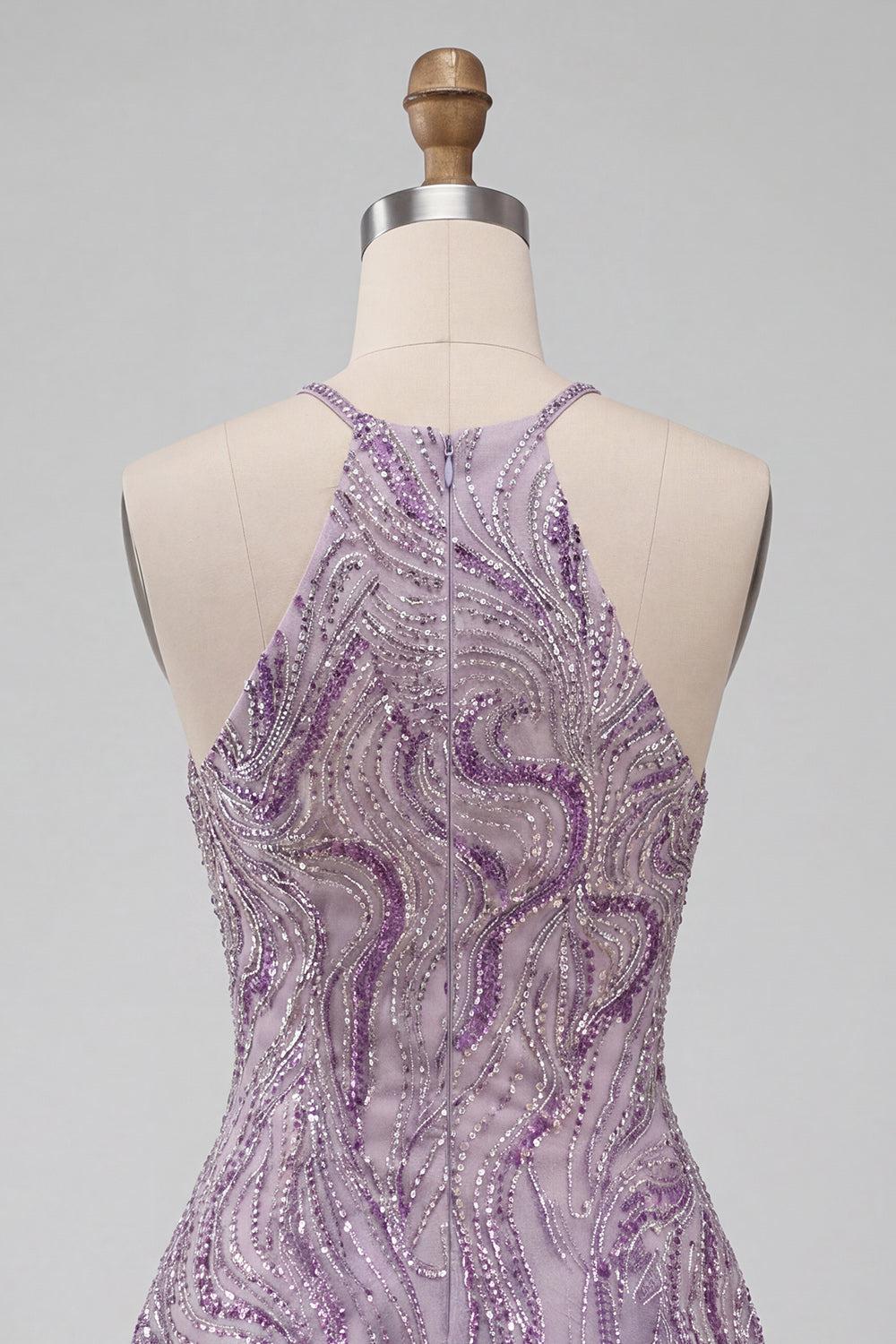 Dressystars Lilac Halter Beaded A-Line Short Homecoming Dress
