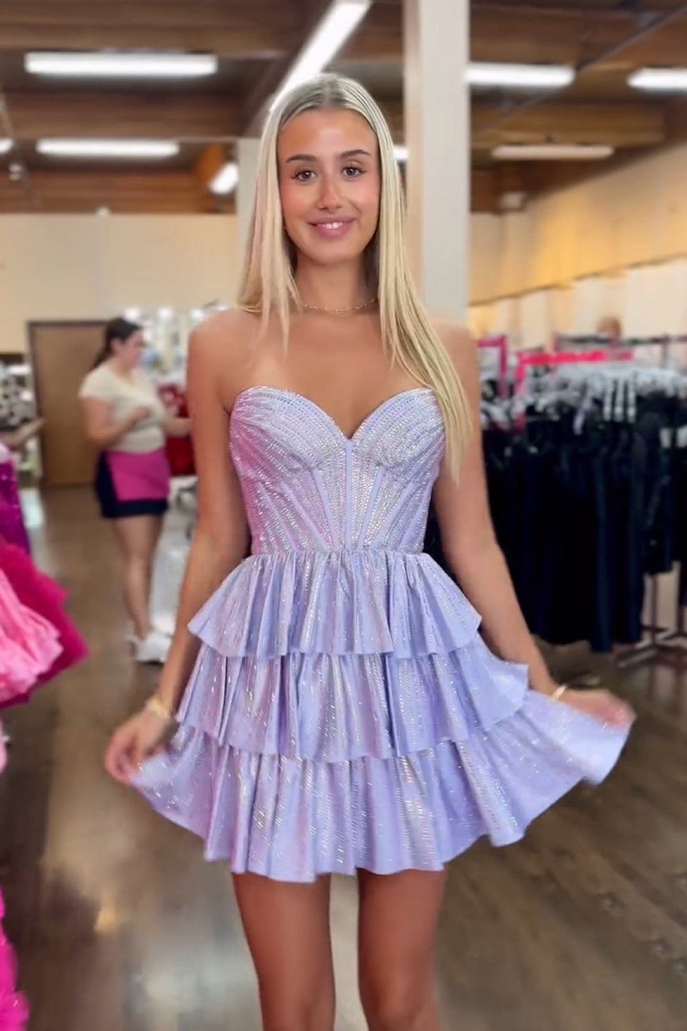 Dressystars Lilac Homecoming Dress A Line Corset Strapless Tiered Short Prom Dress
