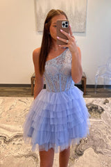 Dressystars Lilac Homecoming Dress A Line One Shoulder Corset Short Prom Dress