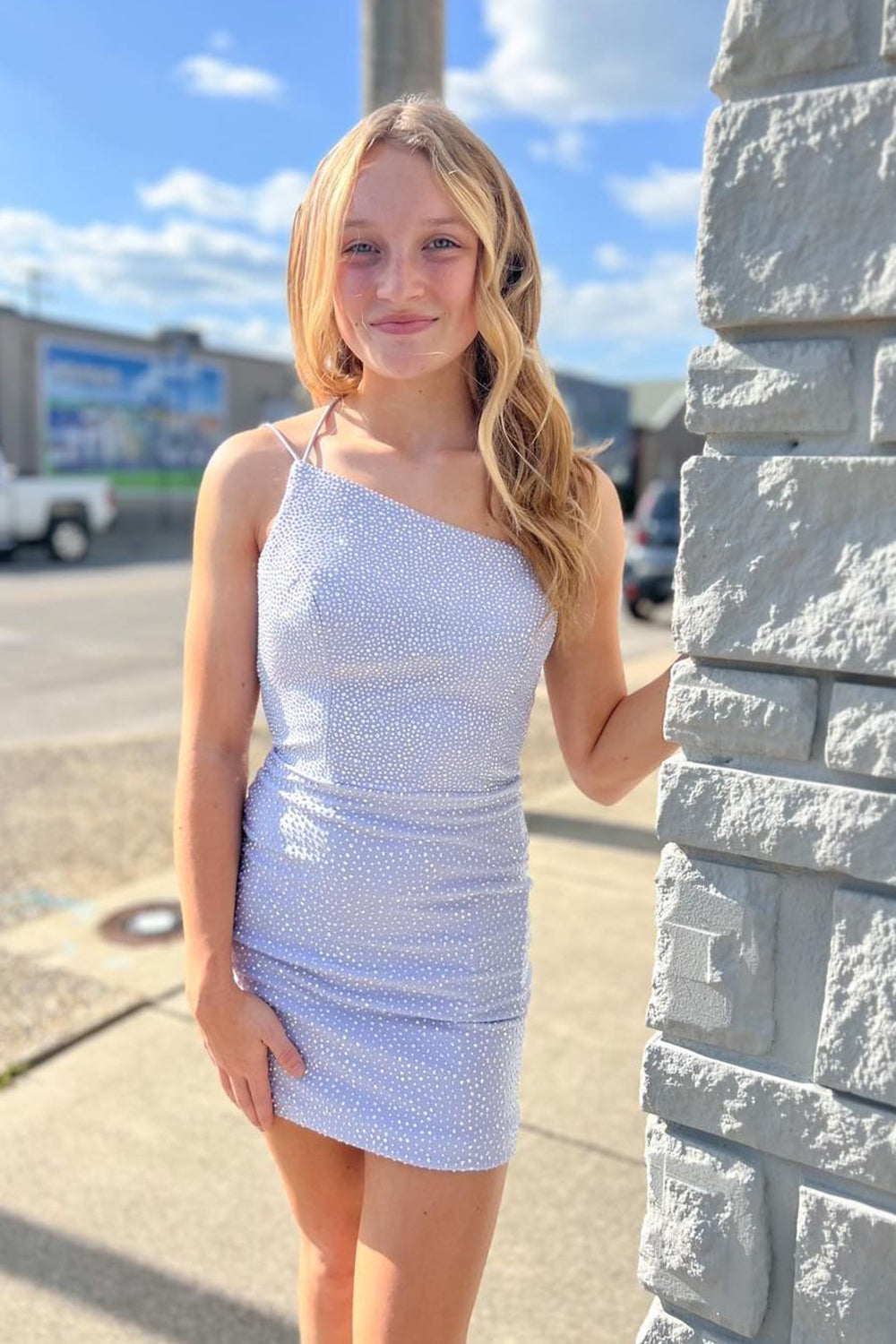 Dressystars Lilac Homecoming Dress Beaded One Shoulder Sequin Tight Prom Dress
