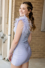 Dressystars Lilac Homecoming Dress Beaded One Shoulder Tight Short Prom Dress with Feathers
