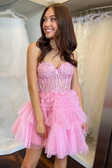 Dressystars Lilac Homecoming Dress Corset A Line Tiered Short Prom Dress with Lace