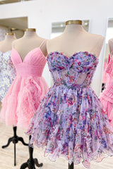Dressystars Lilac Homecoming Dress Corset Sweetheart Floral A-Line Short Prom Dress with Ruffles