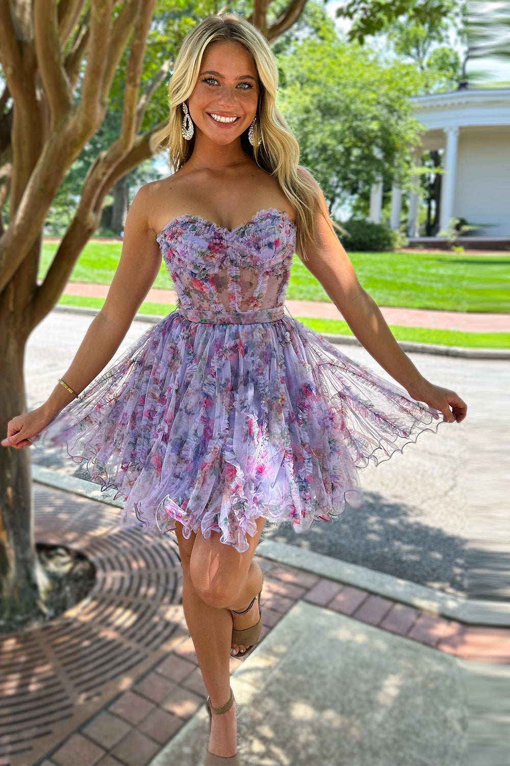 Dressystars Lilac Homecoming Dress Corset Sweetheart Floral A-Line Short Prom Dress with Ruffles