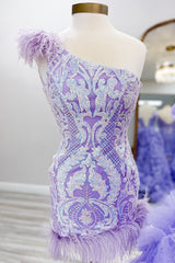 Dressystars Lilac Homecoming Dress One Shoulder Tight Short Prom Dress with Feather