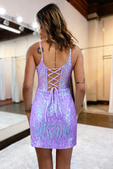 Dressystars Lilac Homecoming Dress Sequin Lace-Up Back Tight Short Prom Dress