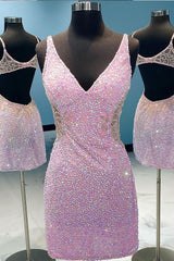 Dressystars Lilac Homecoming Dress Sequin Prom Dress with Open Back