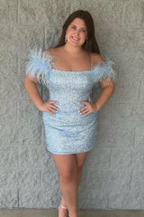 Dressystars Lilac Homecoming Dress Sequin Tight Short Prom Dress with Feathers