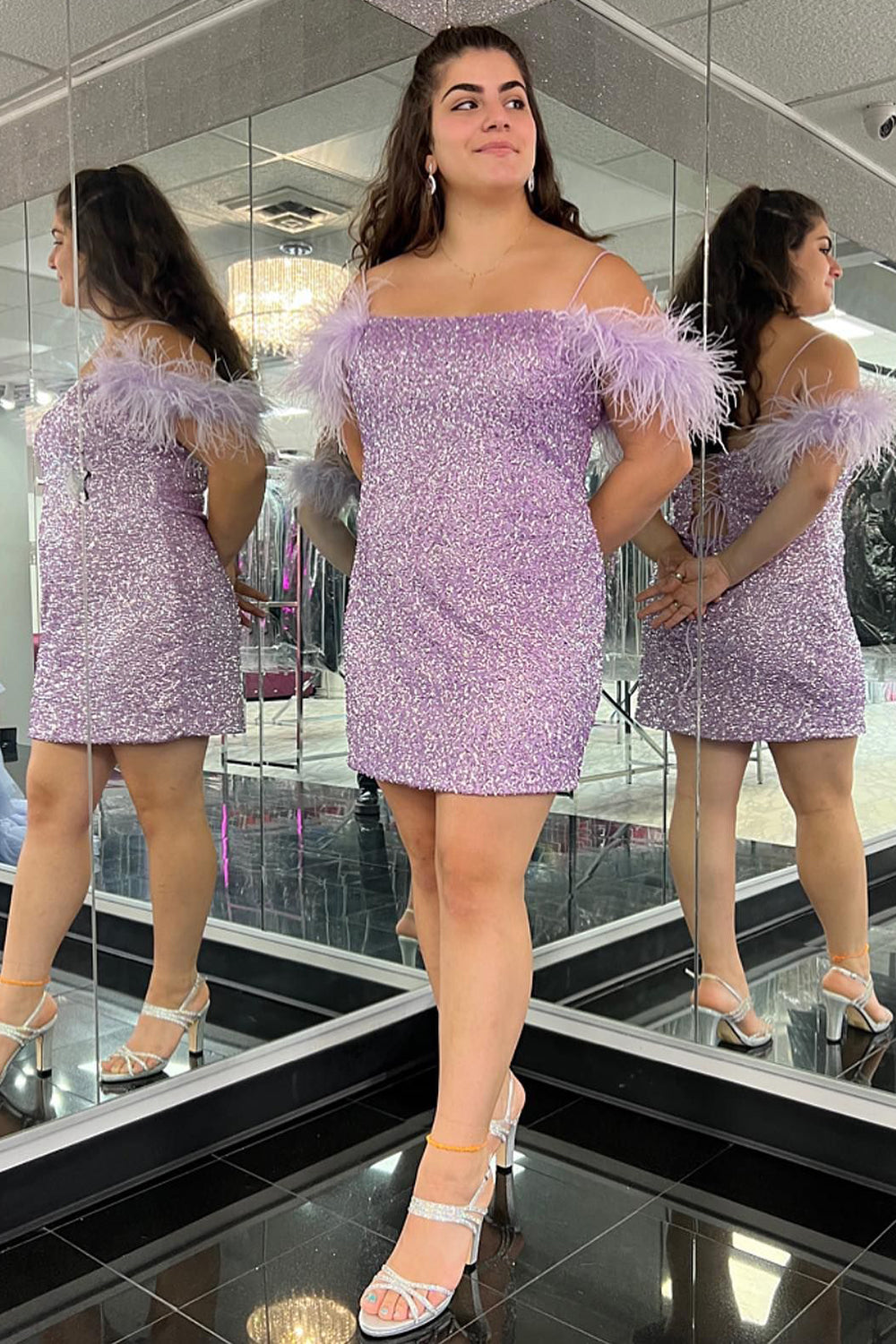Dressystars Lilac Homecoming Dress Sequin Tight Short Prom Dress with Feathers