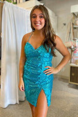 Dressystars Lilac Homecoming Dress Sequined Tight Short Prom Dress with 3D Flowers