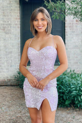 Dressystars Lilac Homecoming Dress Sequined Tight Short Prom Dress with 3D Flowers