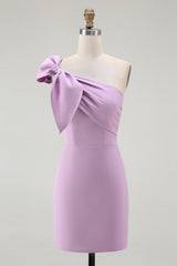 Dressystars Lilac Satin One Shoulder Ruched Short Tight Homecoming Dress with Bow