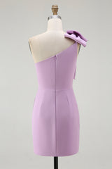 Dressystars Lilac Satin One Shoulder Ruched Short Tight Homecoming Dress with Bow
