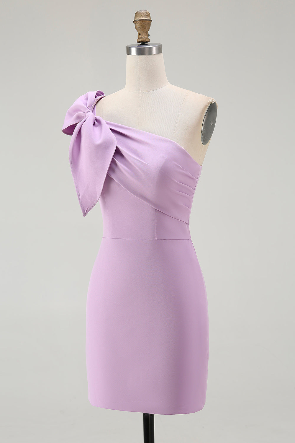 Dressystars Lilac Satin One Shoulder Ruched Short Tight Homecoming Dress with Bow
