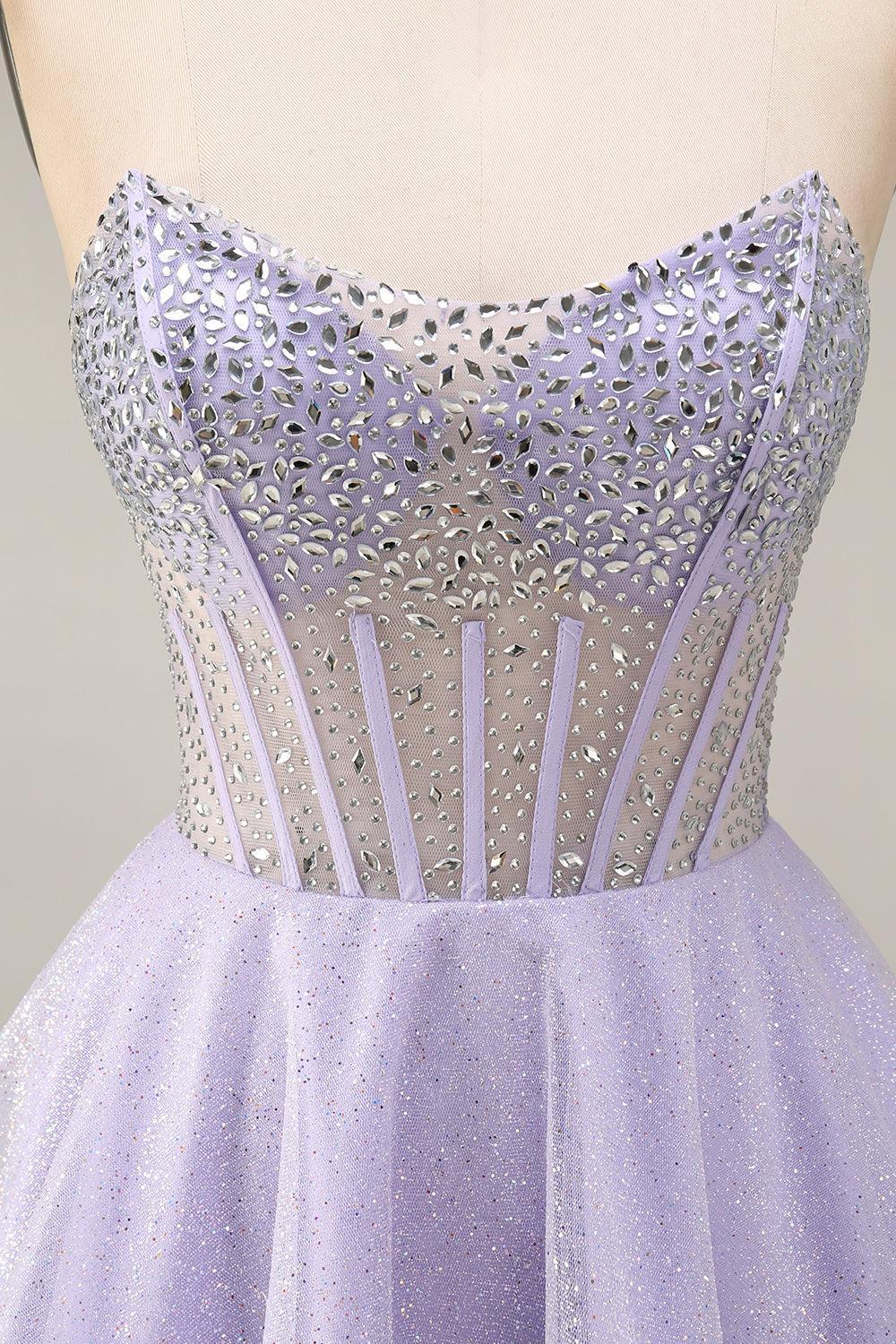 Dressystars Lilac Sequin Strapless A-Line Corset Short Homecoming Dress with Beading