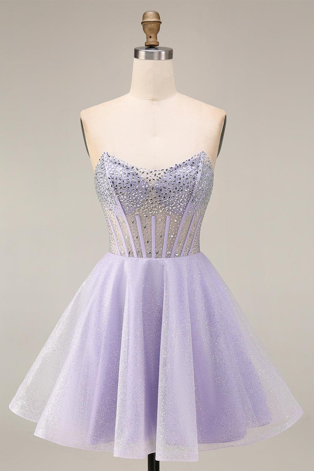 Dressystars Lilac Sequin Strapless A-Line Corset Short Homecoming Dress with Beading