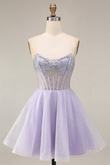Dressystars Lilac Sequin Strapless A-Line Corset Short Homecoming Dress with Beading