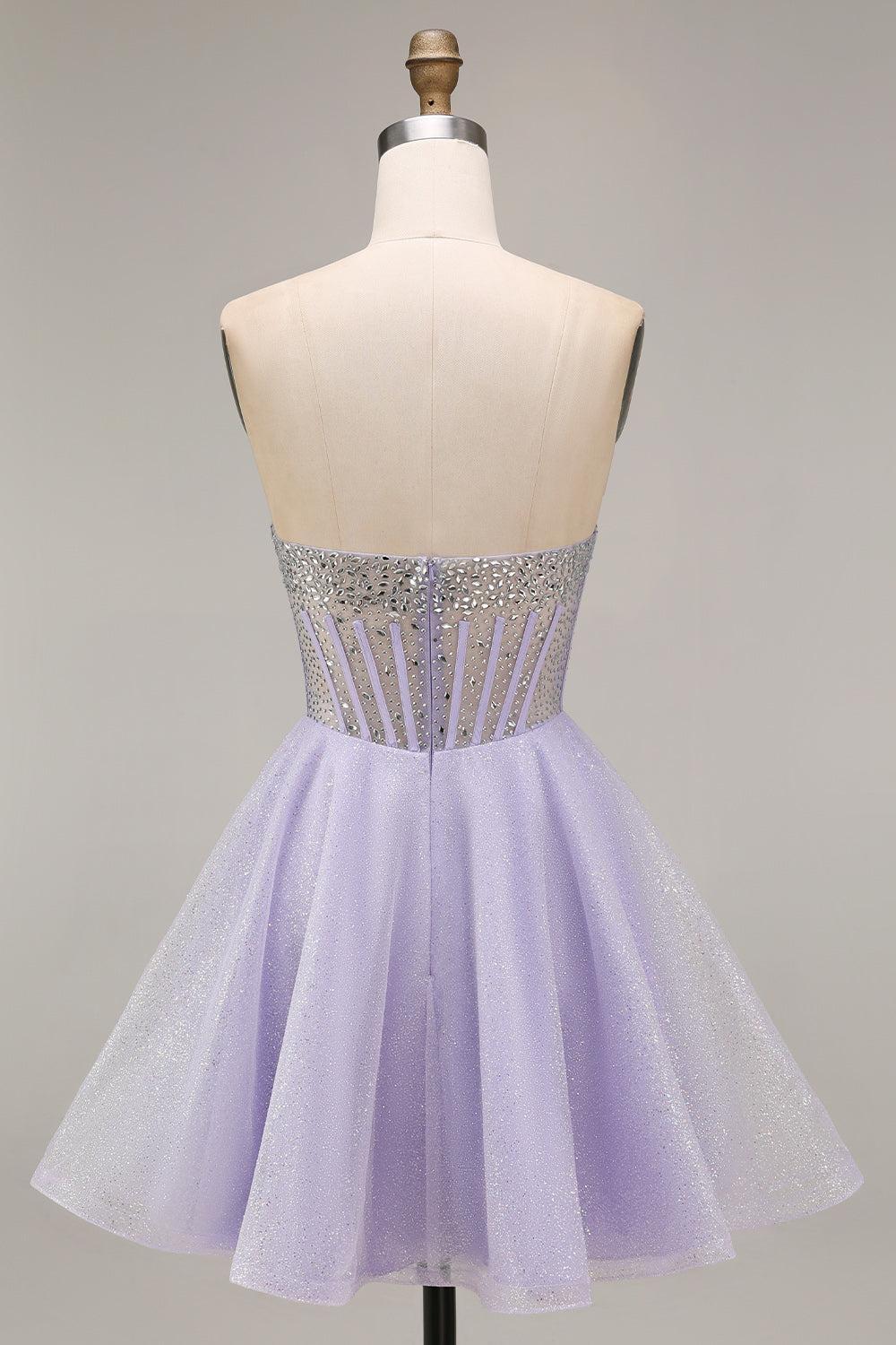 Dressystars Lilac Sequin Strapless A-Line Corset Short Homecoming Dress with Beading