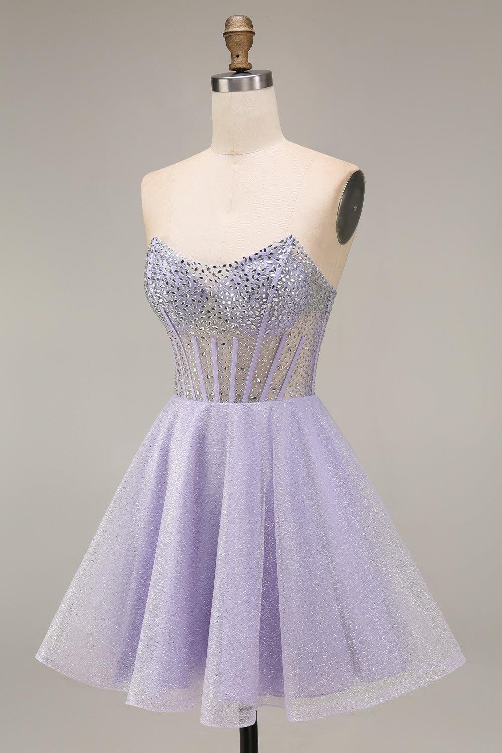 Dressystars Lilac Sequin Strapless A-Line Corset Short Homecoming Dress with Beading