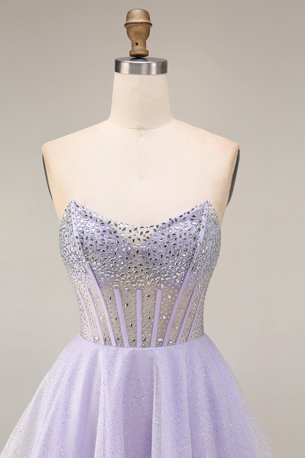 Dressystars Lilac Sequin Strapless A-Line Corset Short Homecoming Dress with Beading