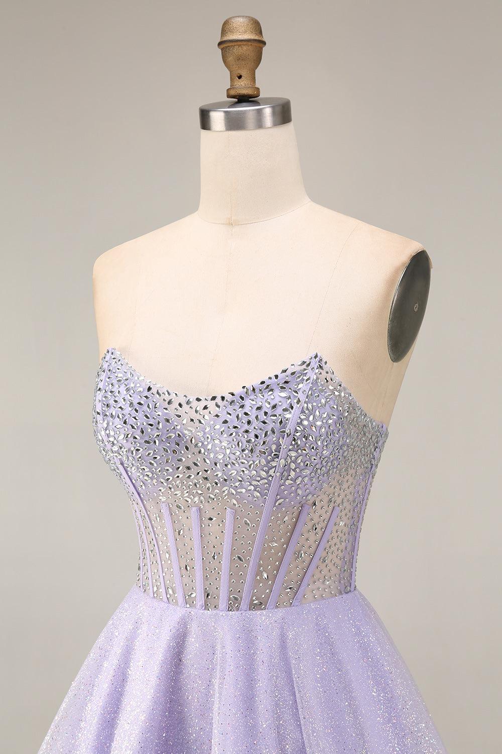 Dressystars Lilac Sequin Strapless A-Line Corset Short Homecoming Dress with Beading