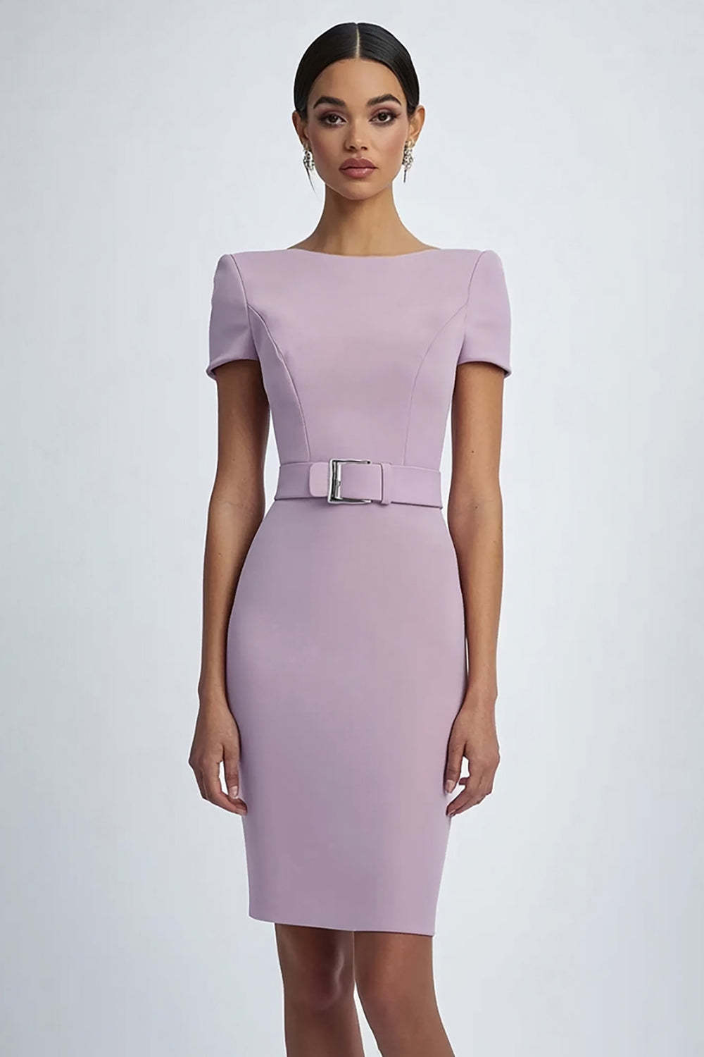 Dressystars Lilac Sheath Crepe Formal Dress With Belt