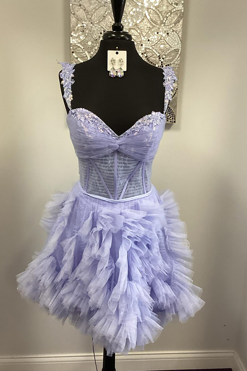 Dressystars Lilac Tulle Ruffled Homecoming Dresses Appliqued Short Corset Cocktail Dresses