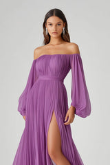 Dressystars Long Chiffon Purple Wedding Guest Dress A Line Long Sleeves Formal Dress With Slit