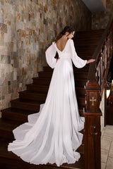 Dressystars Long Sleeve Beach Wedding Dress V Neck A Line Bridal Gown with Slit