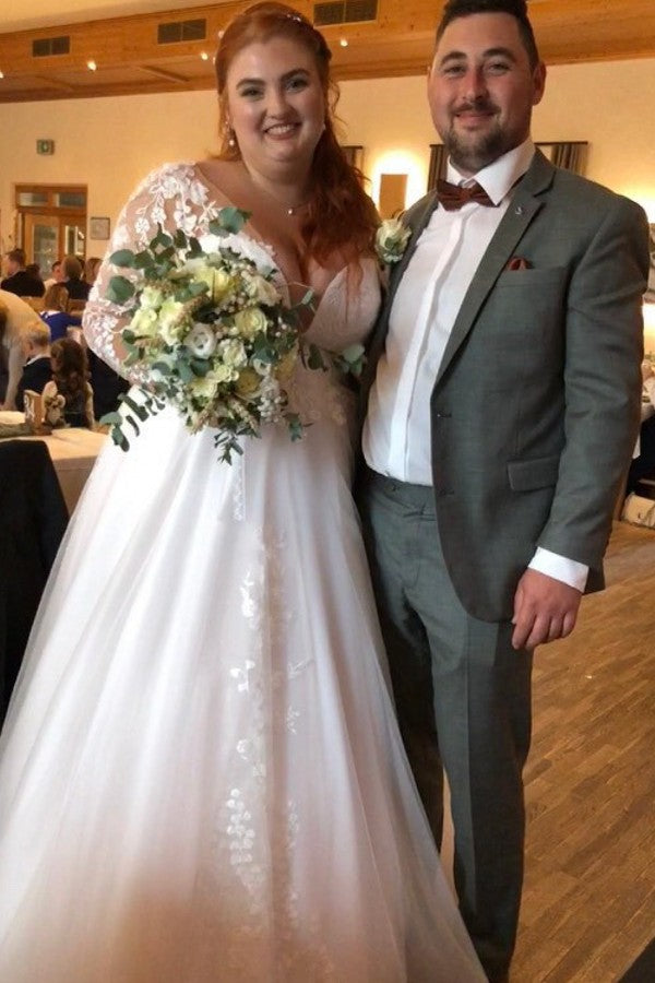 Dressystars Long Sleeve Plus Size Wedding Dress V Neck A Line Bridal Gown with Lace