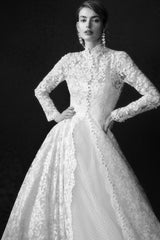 Dressystars Long Sleeve Wedding Dress Lace High Neck A Line Bridal Gown