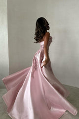 Dressystars Luxurious A-Line Strapless Satin Pink Party Dress With Court Train Appliques Formal Evening Gown