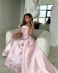 Dressystars Luxurious A-Line Strapless Satin Pink Party Dress With Court Train Appliques Formal Evening Gown