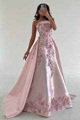 Dressystars Luxurious A-Line Strapless Satin Pink Party Dress With Court Train Appliques Formal Evening Gown