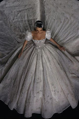 Dressystars Luxury Short Sleeve Wedding Dress Ball Gown Square Neck Bridal Gown with Beadings and Rhinestones