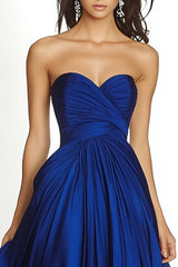 Dressystars Maxi A Line Royal Blue Wedding Guest Dress Pleated Asymmetric Chiffon Strapless Formal Dress