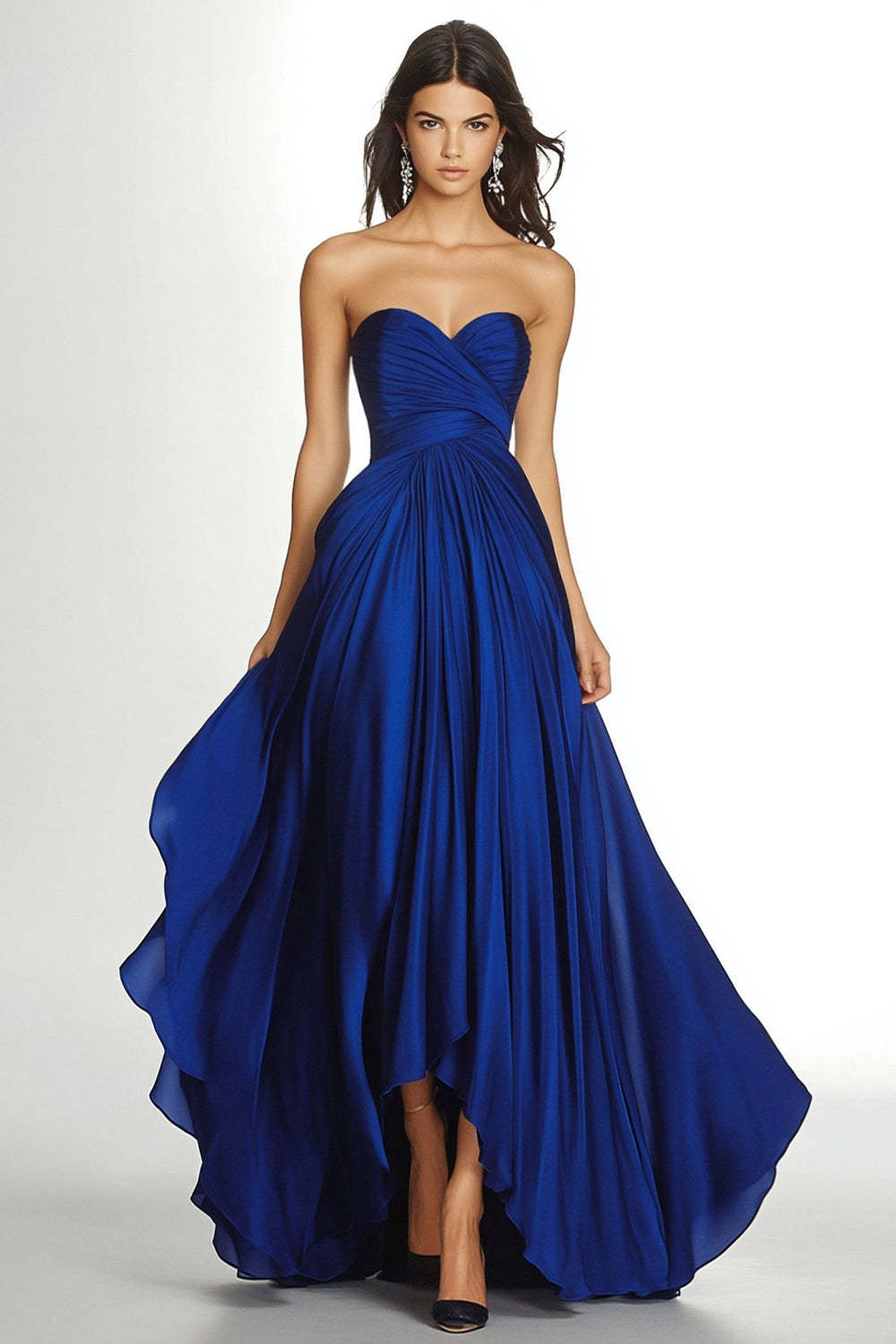 Dressystars Maxi A Line Royal Blue Wedding Guest Dress Pleated Asymmetric Chiffon Strapless Formal Dress