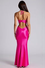 Dressystars Mermaid Halter Fuchsia Wedding Guest Dress Satin Long Formal Dress