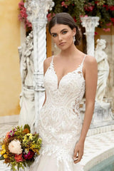 Dressystars Mermaid Lace Spaghetti Straps Sleeveless White Wedding Dress Bridal Gown With Ruffles